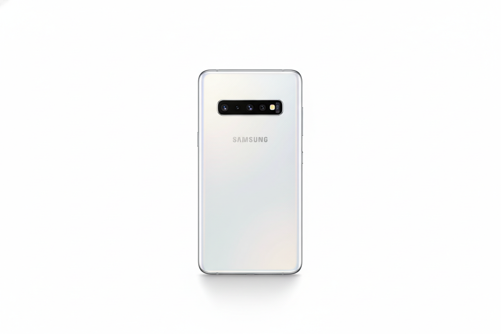 Samsung S10+ de couleur blanc en montrant les caméra, de fond blanc ?