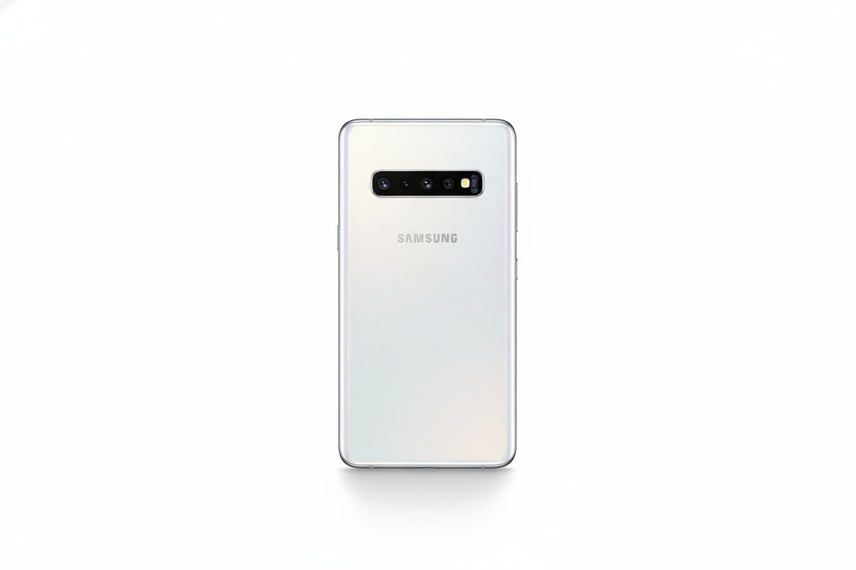 Samsung S10+ de couleur blanc en montrant les caméra, de fond blanc ?